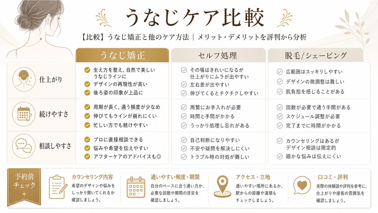 うなじ矯正と他のケア方法を比較した図解
