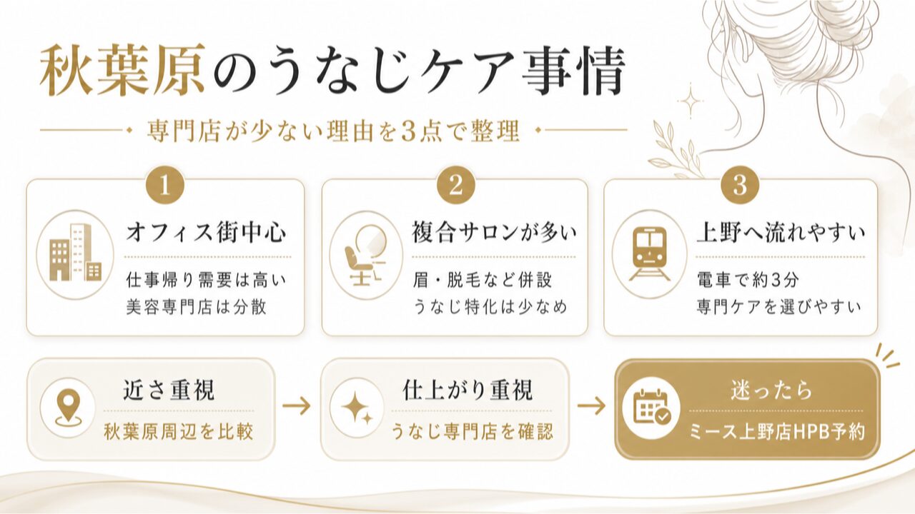 秋葉原のうなじ専門店を徹底比較|女性向け矯正サロンの選び方と料金相場の要点を整理した図解