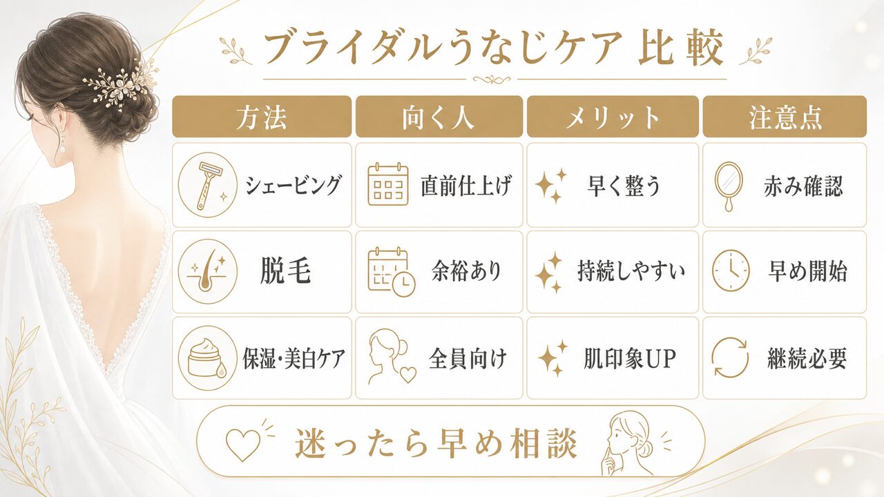 ブライダルエステのうなじケアはいつから？最適な開始時期と美しく見せる方法を専門家が解説の要点を整理した図解