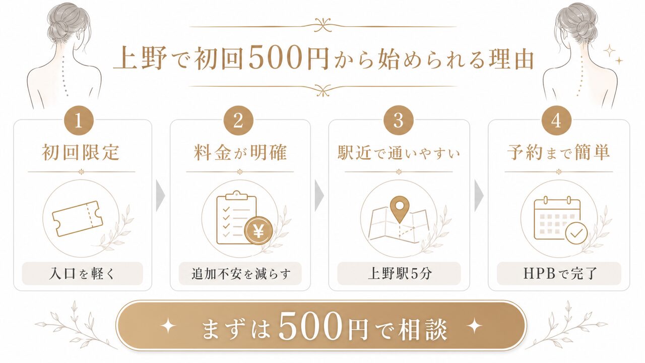 うなじ矯正は上野で初回500円から｜ミース上野店の料金・流れ・効果を専門スタッフが完全ガイドの要点を整理した図解