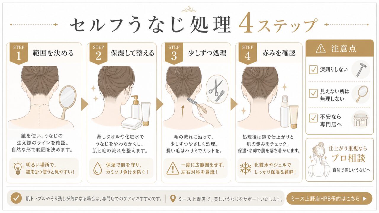 うなじ矯正は自分でできる?セルフケアと専門店の違いを徹底比較して解説の要点を整理した図解