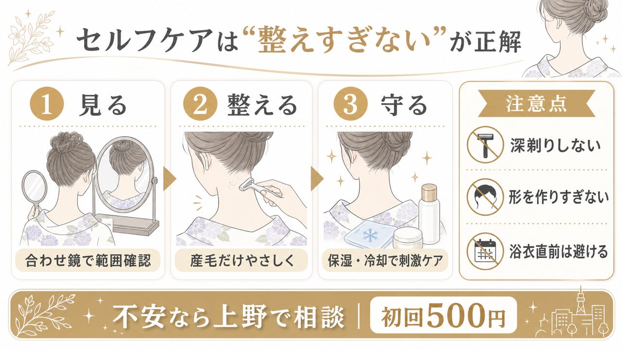 【浴衣美人】は後ろ姿で決まる!うなじシェービング完全攻略|上野で初回500円体験の要点を整理した図解