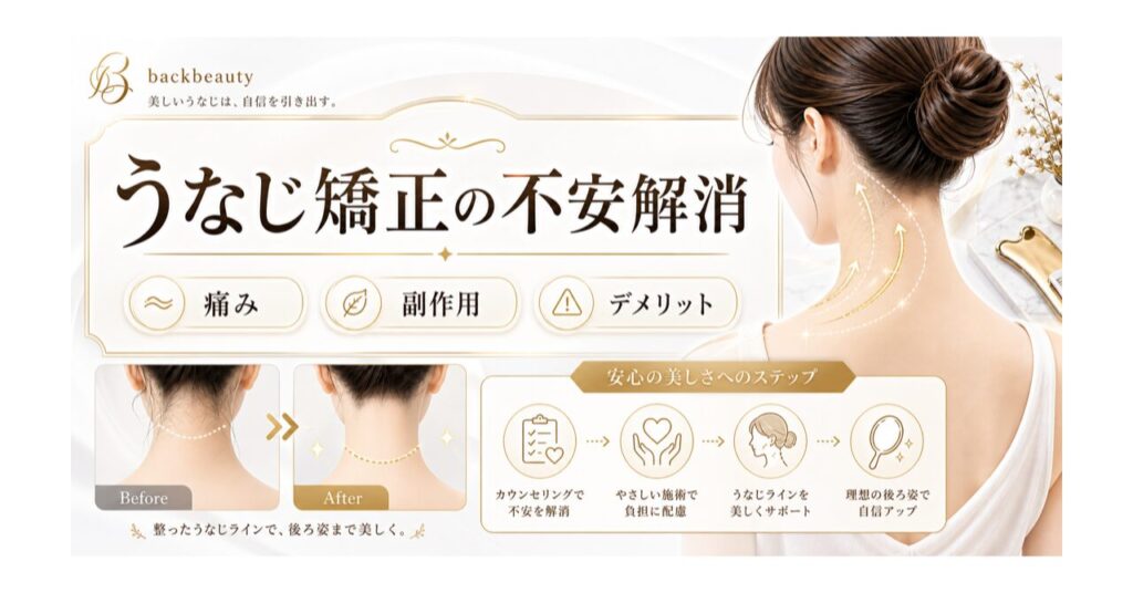 うなじ矯正は痛い？副作用やデメリットを専門家が徹底解説｜ミース上野店のアイキャッチ