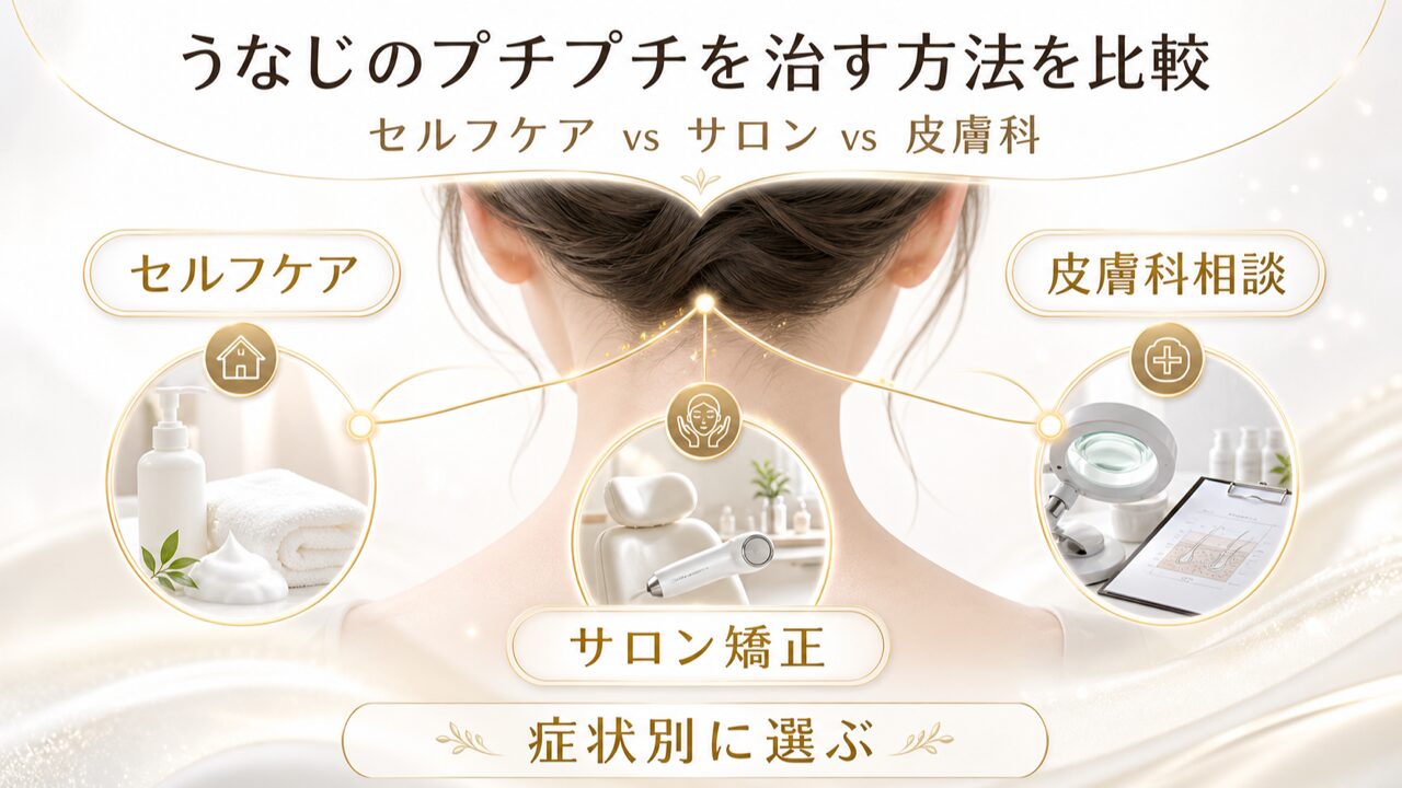 うなじのプチプチを治す方法を比較|セルフケア vs サロン vs 皮膚科の図解