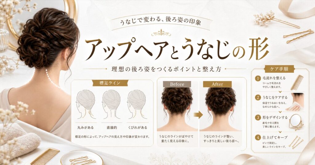 うなじの形でアップヘアの似合い方が変わる｜理想の後ろ姿を作る方法のアイキャッチ