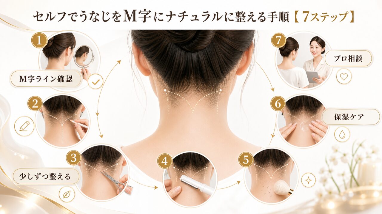 セルフでうなじをM字にナチュラルに整える手順【7ステップ】の図解