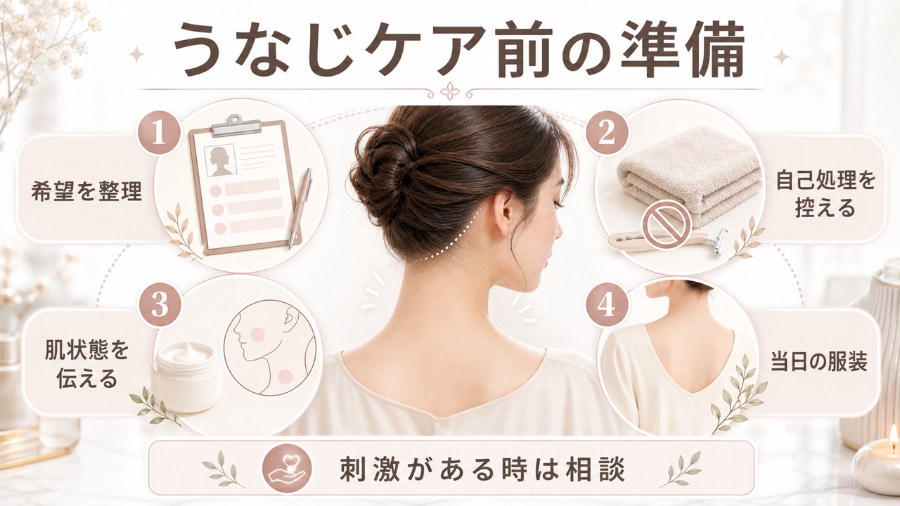 上野でのうなじ矯正体験前に知っておきたい準備と注意点の図解