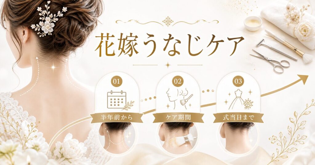 ブライダルうなじケアはいつから？結婚式半年前から始める完璧スケジュール完全ガイドのアイキャッチ