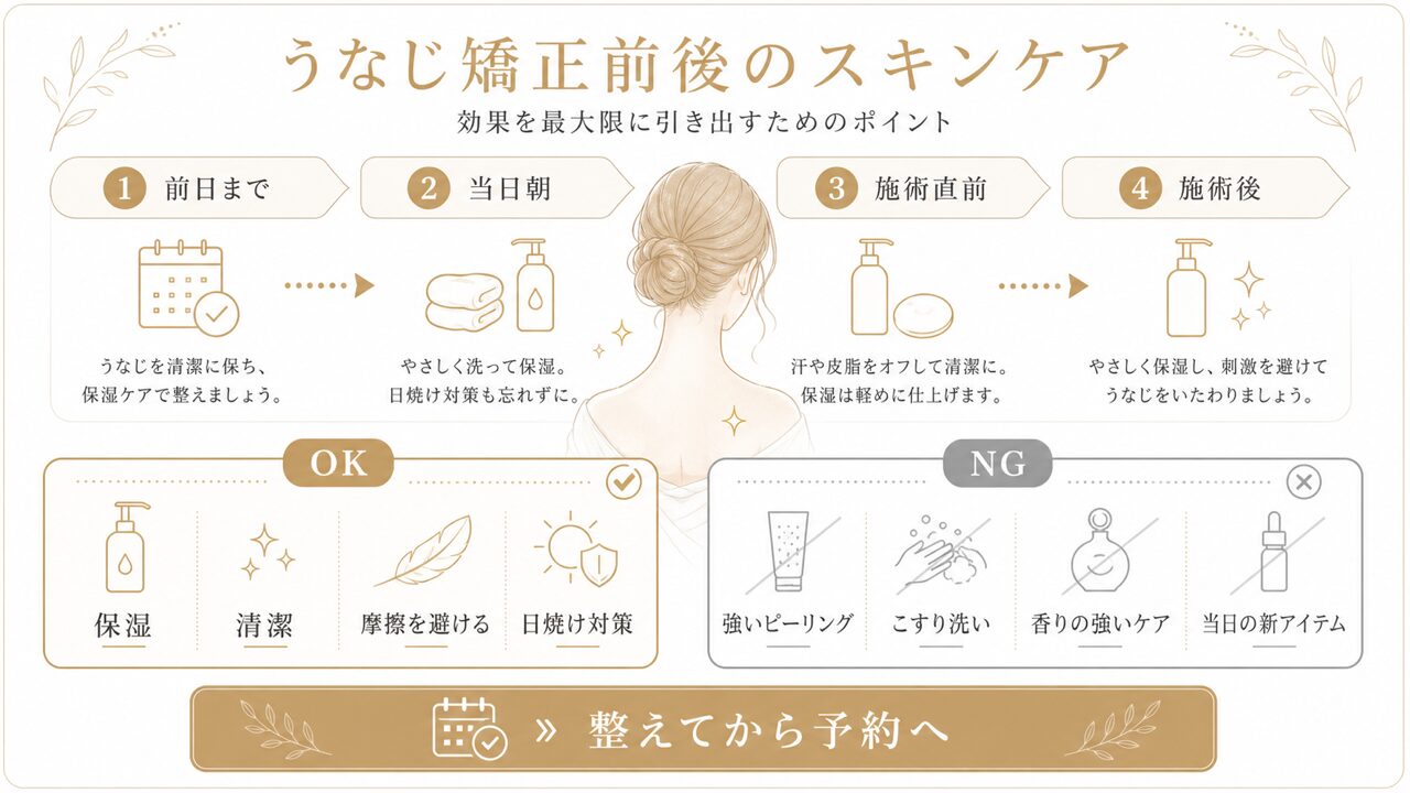 うなじ矯正前後のメイクは大丈夫?施術当日の注意点と持ち物を徹底解説の要点を整理した図解