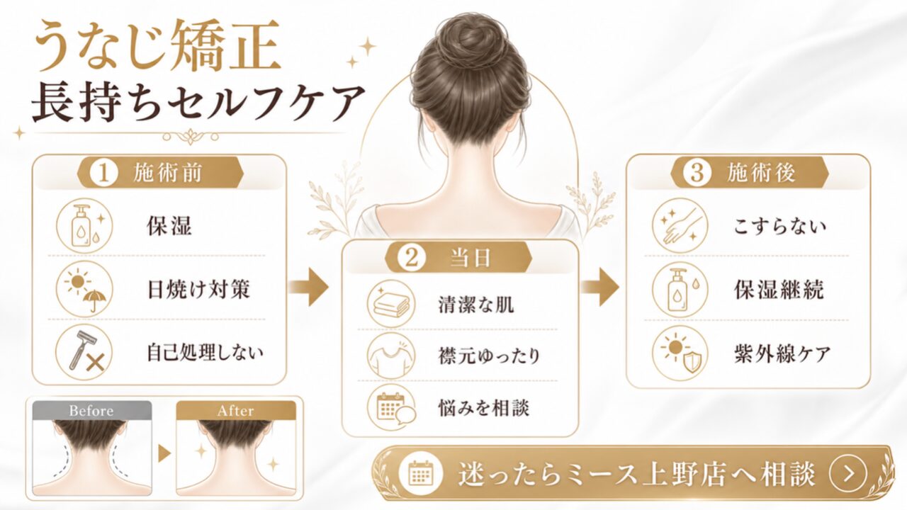 うなじ矯正の効果はいつから?ミース上野店の施術体験談から分かる変化と持続期間の要点を整理した図解