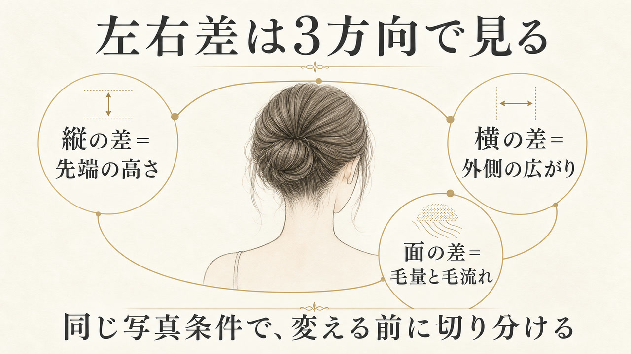 うなじの左右差を縦・横・面の3方向で確認する図解